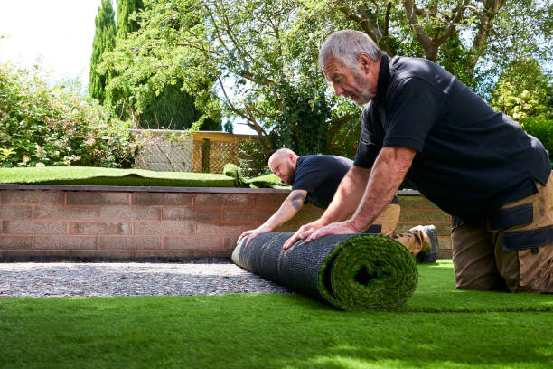 Two workers Installing artificial grass in modern garden of home